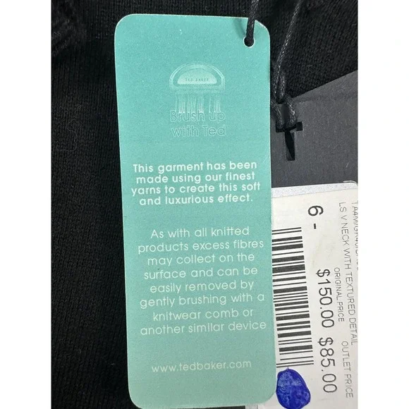 Ted Baker Sweater Mens 2XL Black Wool V Neck Textured Detail Lightweight NWT - Picture 6 of 16